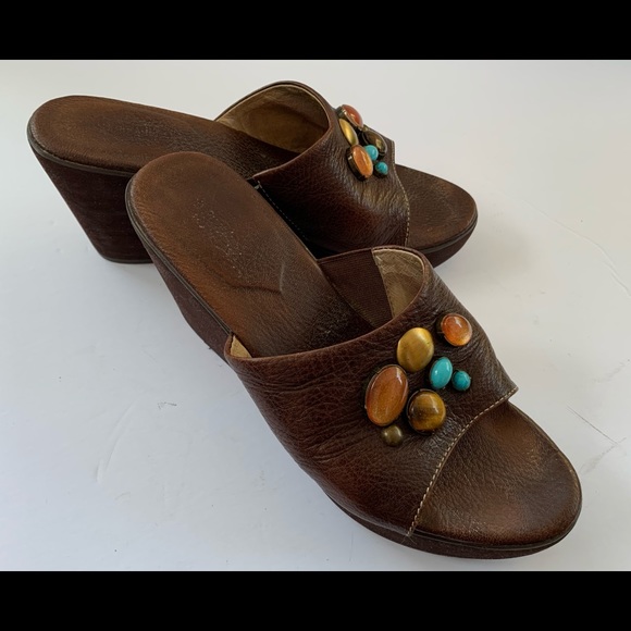 HushPuppies brown soft real leather platform wedges sandals turqoise stones US 9 - Picture 2 of 8